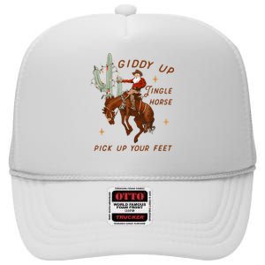 Giddy Up Jingle Horse Pick Up Your Feet Cowboy Santa Xmas High Crown Mesh Back Trucker Hat