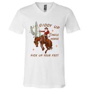 Giddy Up Jingle Horse Pick Up Your Feet Cowboy Santa Xmas V-Neck T-Shirt