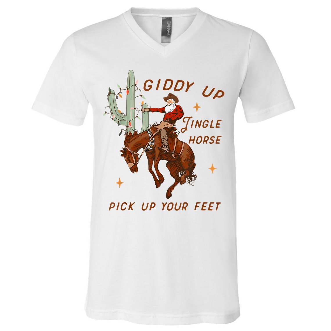 Giddy Up Jingle Horse Pick Up Your Feet Cowboy Santa Xmas V-Neck T-Shirt