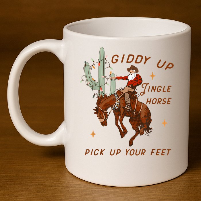 Giddy Up Jingle Horse Pick Up Your Feet Cowboy Santa Xmas 11oz C Handle Ceramic Mug