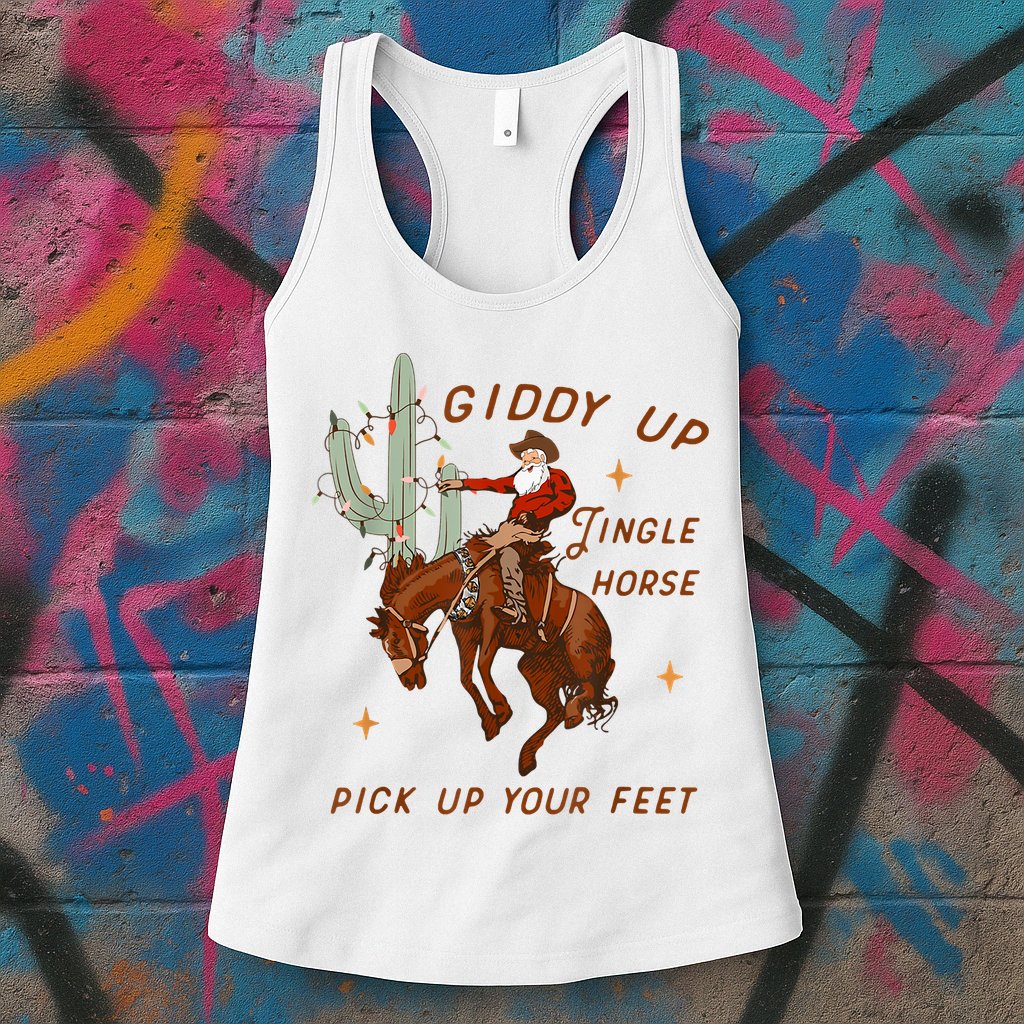 Giddy Up Jingle Horse Pick Up Your Feet Cowboy Santa Xmas Womens Tank Top
