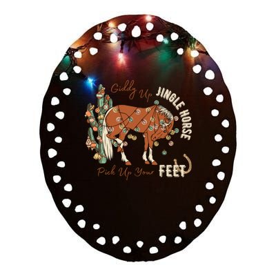 Giddy Up Jingle Horse Pick Up Your Feet Cowboy Santa Cactus Ceramic Oval Ornament