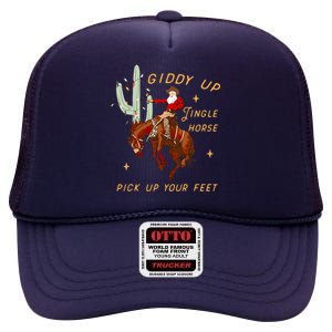 Giddy Up Jingle Horse Pick Up Your Feet Cowboy Santa Cactus High Crown Mesh Back Trucker Hat