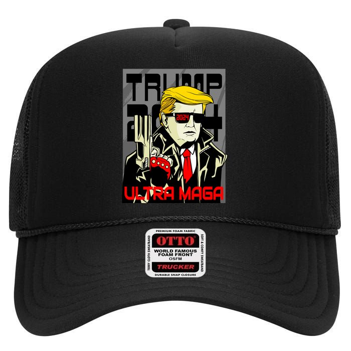 Great Ultra MAGA King Terminator Parody Trump 2024 Anti Biden High Crown Mesh Back Trucker Hat