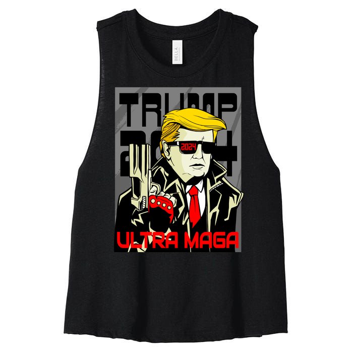 Great Ultra MAGA King Terminator Parody Trump 2024 Anti Biden Women's Racerback Cropped Tank