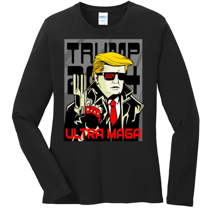 Great Ultra MAGA King Terminator Parody Trump 2024 Anti Biden Ladies Long Sleeve Shirt