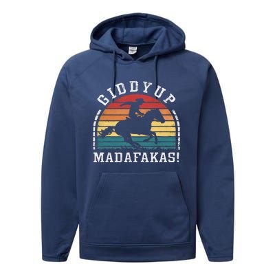 Giddy Up Madafakas Retro Cowboy Sunset Derby Humor Performance Fleece Hoodie