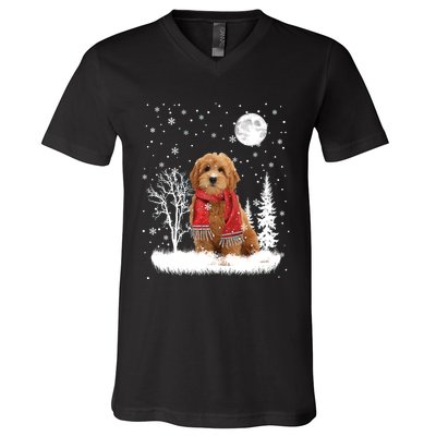 Goldendoodle Under Moonlight Snow Christmas Gift V-Neck T-Shirt