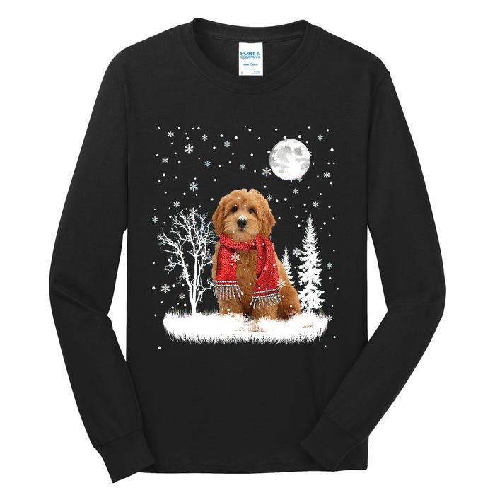 Goldendoodle Under Moonlight Snow Christmas Gift Tall Long Sleeve T-Shirt