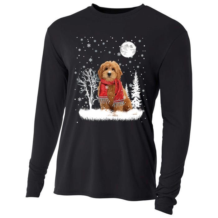 Goldendoodle Under Moonlight Snow Christmas Gift Cooling Performance Long Sleeve Crew