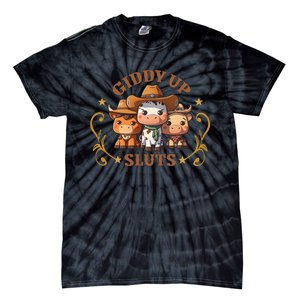 Giddy Up Sluts Funny Western Cow Ranch Rodeo Country Cow Tie-Dye T-Shirt