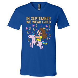 Girl Unicorn September Wear Gold Hood Cancer Awareness Funny Gift V-Neck T-Shirt