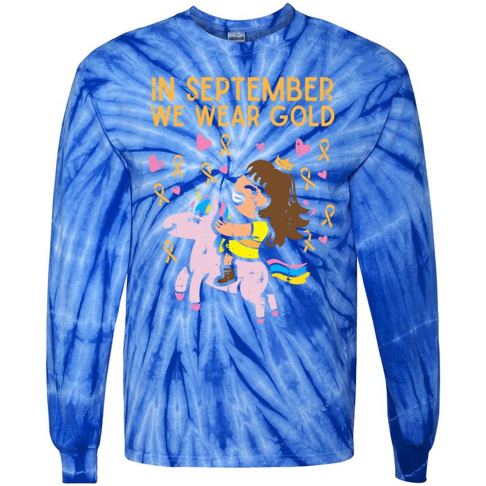 Girl Unicorn September Wear Gold Hood Cancer Awareness Funny Gift Tie-Dye Long Sleeve Shirt