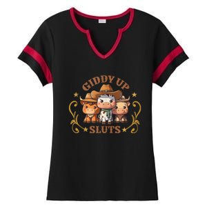 Giddy Up Sluts Funny Western Cowgirl Ranch Rodeo Country Cow Ladies Halftime Notch Neck Tee