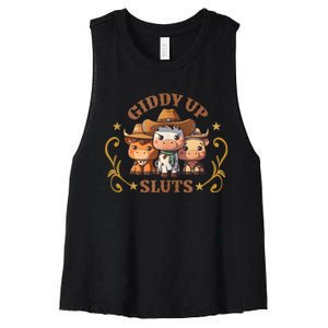 Giddy Up Sluts Funny Western Cowgirl Ranch Rodeo Country Cow Women's Racerback Cropped Tank