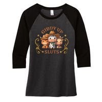 Giddy Up Sluts Funny Western Cowgirl Ranch Rodeo Country Cow Women's Tri-Blend 3/4-Sleeve Raglan Shirt