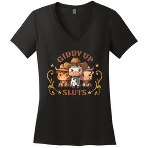 Giddy Up Sluts Funny Western Cowgirl Ranch Rodeo Country Cow Women's V-Neck T-Shirt