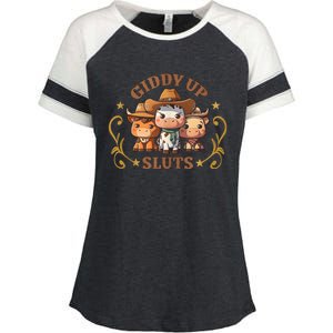 Giddy Up Sluts Funny Western Cowgirl Ranch Rodeo Country Cow Enza Ladies Jersey Colorblock Tee