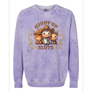 Giddy Up Sluts Funny Western Cow Ranch Rodeo Country Cow Colorblast Crewneck Sweatshirt