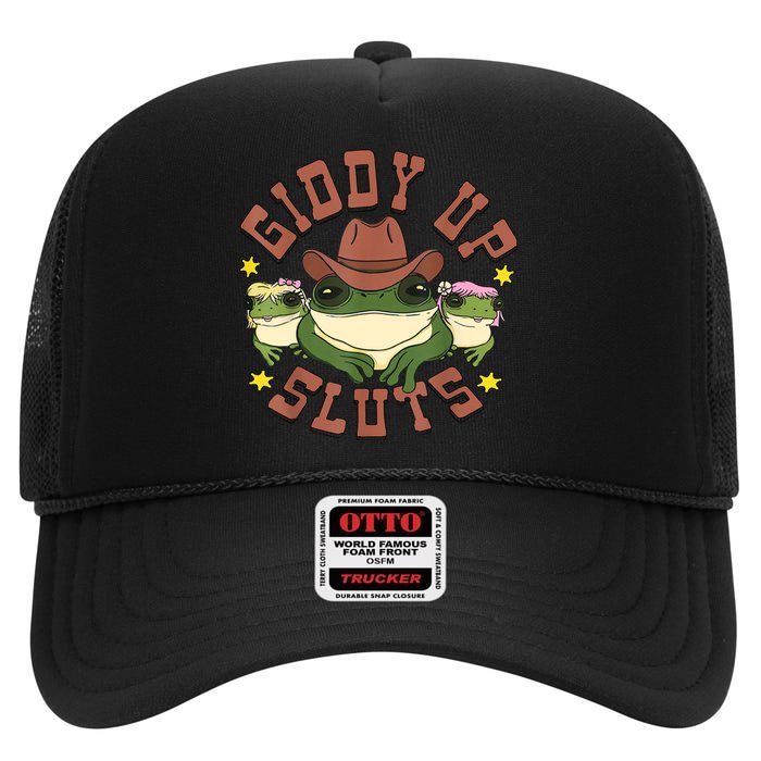 Giddy Up Sluts Funny Western Cowgirl Ranch Rodeo Frog High Crown Mesh Back Trucker Hat