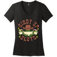 Giddy Up Sluts Funny Western Cowgirl Ranch Rodeo Frog Women's V-Neck T-Shirt