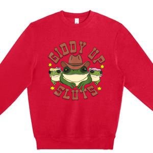 Giddy Up Sluts Funny Western Cowgirl Ranch Rodeo Frog Premium Crewneck Sweatshirt