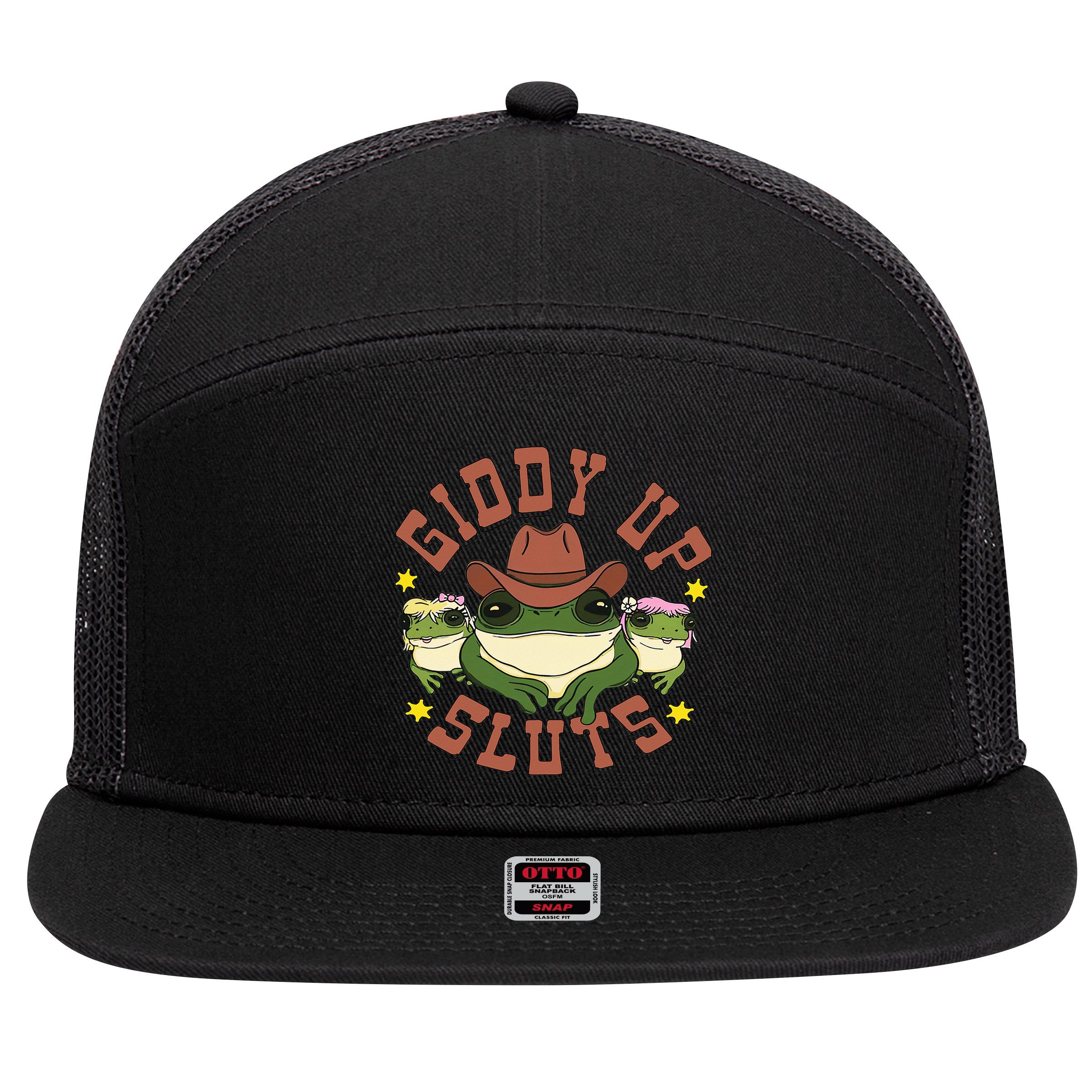 Giddy Up Sluts Funny Western Cow Ranch Rodeo Frog 7 Panel Mesh Trucker Snapback Hat