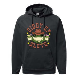 Giddy Up Sluts Funny Western Cow Ranch Rodeo Frog Performance Fleece Hoodie