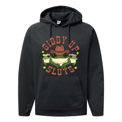 Giddy Up Sluts Funny Western Cow Ranch Rodeo Frog Performance Fleece Hoodie