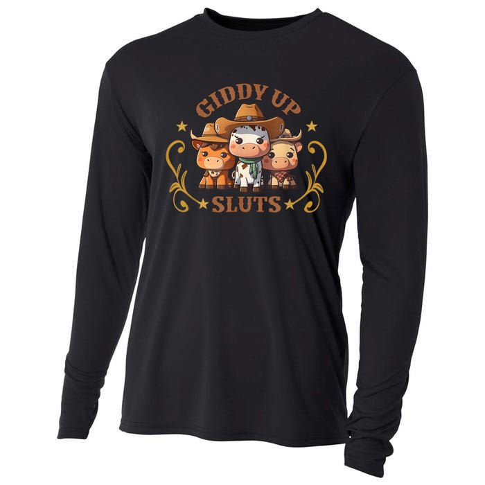 Giddy Up Sluts Funny Western Cowgirl Ranch Rodeo Country Cow Cooling Performance Long Sleeve Crew