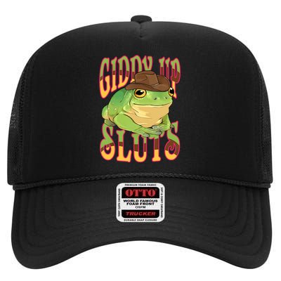 Giddy Up Sluts Funny Western Ranch Cowgirl Rodeo Frog High Crown Mesh Back Trucker Hat