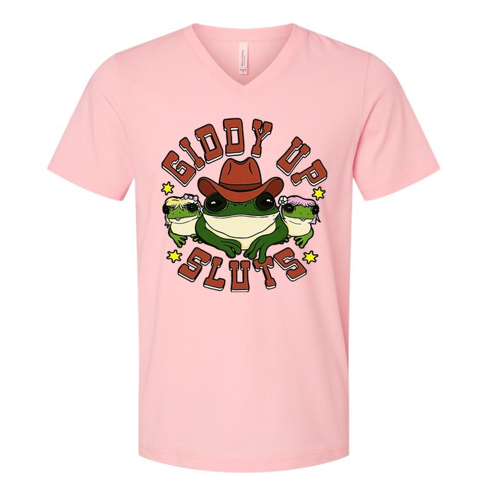 Giddy Up Sluts Frog Funny V-Neck T-Shirt