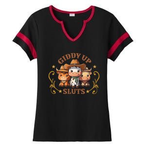 Giddy Up Sluts Funny Western Cowgirl Ranch Rodeo Country Cow Ladies Halftime Notch Neck Tee