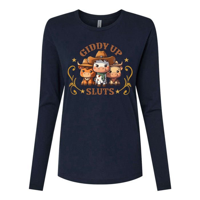 Giddy Up Sluts Funny Western Cowgirl Ranch Rodeo Country Cow Womens Cotton Relaxed Long Sleeve T-Shirt