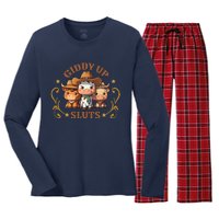 Giddy Up Sluts Funny Western Cowgirl Ranch Rodeo Country Cow Women's Long Sleeve Flannel Pajama Set 