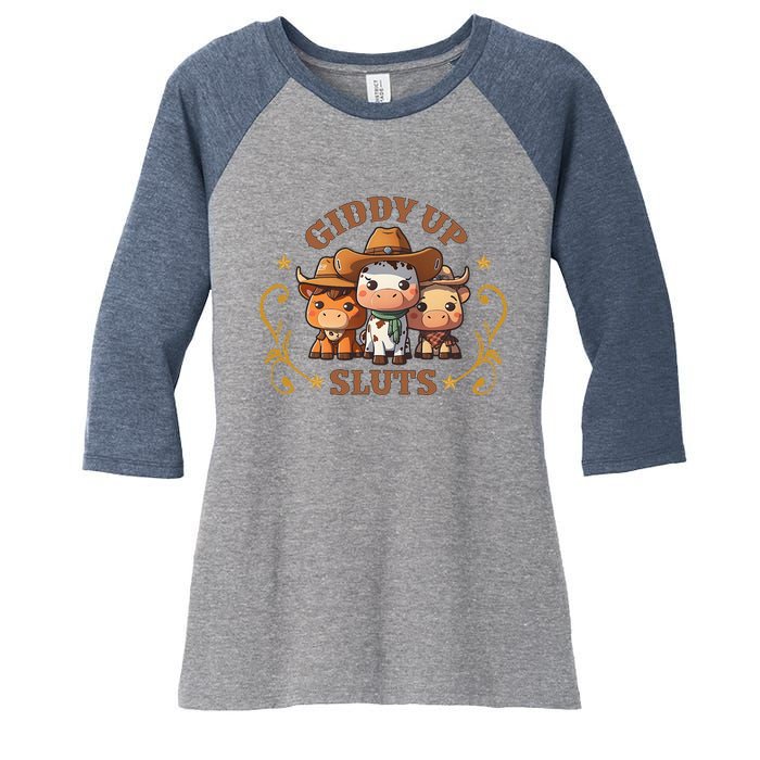 Giddy Up Sluts Funny Western Cowgirl Ranch Rodeo Country Cow Women's Tri-Blend 3/4-Sleeve Raglan Shirt