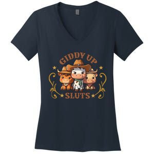 Giddy Up Sluts Funny Western Cowgirl Ranch Rodeo Country Cow Women's V-Neck T-Shirt