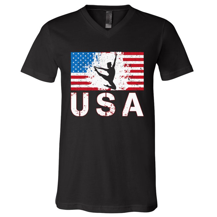 Gymnastics Usa Team American Flag Heart Us Gymnast V-Neck T-Shirt