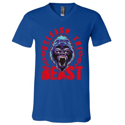 Gorilla Unleash The Beast Gym Mode Fitness Motivation Quote Gift V-Neck T-Shirt