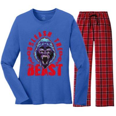 Gorilla Unleash The Beast Gym Mode Fitness Motivation Quote Gift Women's Long Sleeve Flannel Pajama Set 