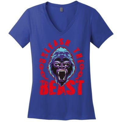 Gorilla Unleash The Beast Gym Mode Fitness Motivation Quote Gift Women's V-Neck T-Shirt