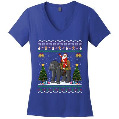 Gorilla Ugly Xmas Gift Santa Riding Gorilla Christmas Gift Women's V-Neck T-Shirt