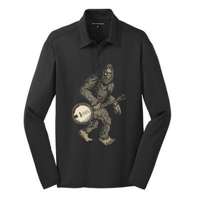 Grassquatch! Vintage Bigfoot & Bluegrass Banjo Music Silk Touch Performance Long Sleeve Polo