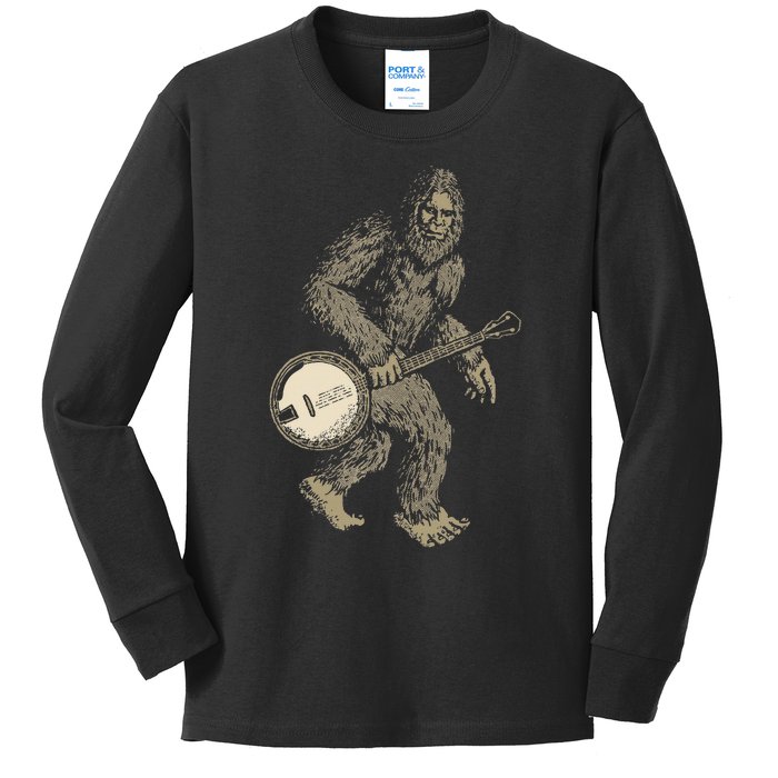 Grassquatch! Vintage Bigfoot & Bluegrass Banjo Music Kids Long Sleeve Shirt