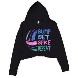 Girls Volleyball Bump Set Spike Repeat Blue Purple Teen Funny Gift Crop Fleece Hoodie