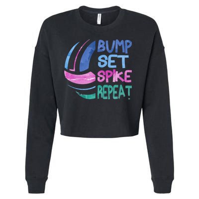 Girls Volleyball Bump Set Spike Repeat Blue Purple Teen Funny Gift Cropped Pullover Crew