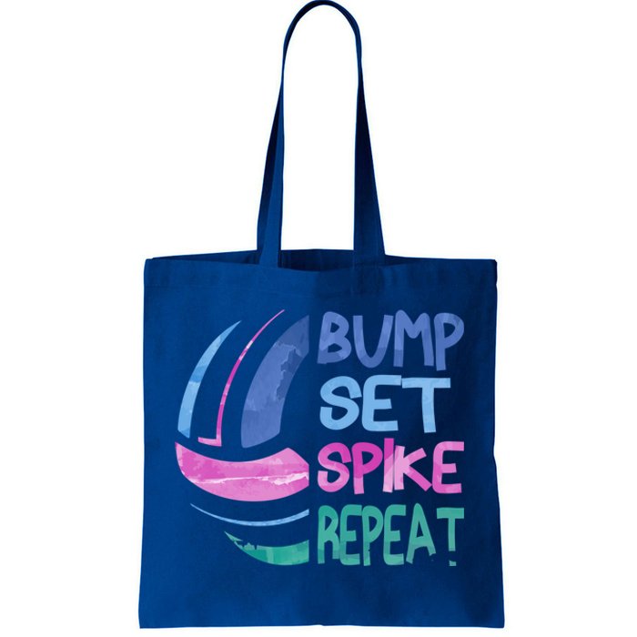 Girls Volleyball Bump Set Spike Repeat Blue Purple Teen Funny Gift Tote Bag