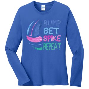 Girls Volleyball Bump Set Spike Repeat Blue Purple Teen Funny Gift Ladies Long Sleeve Shirt