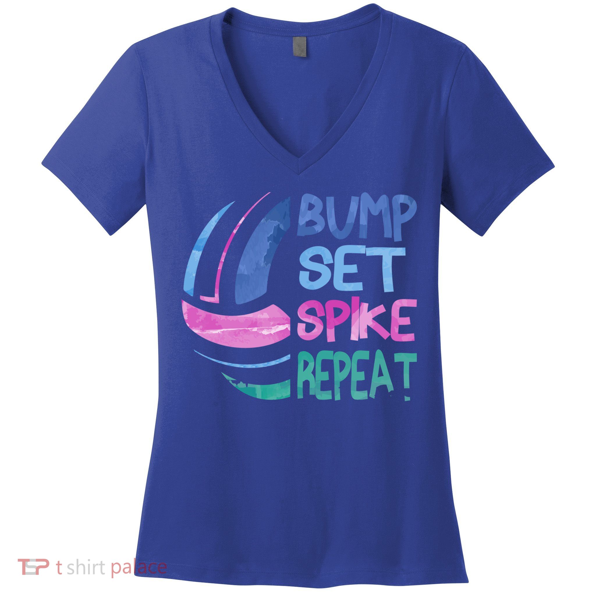Girls Volleyball Bump Set Spike Repeat Blue Purple Teen Funny Gift Women's V-Neck T-Shirt