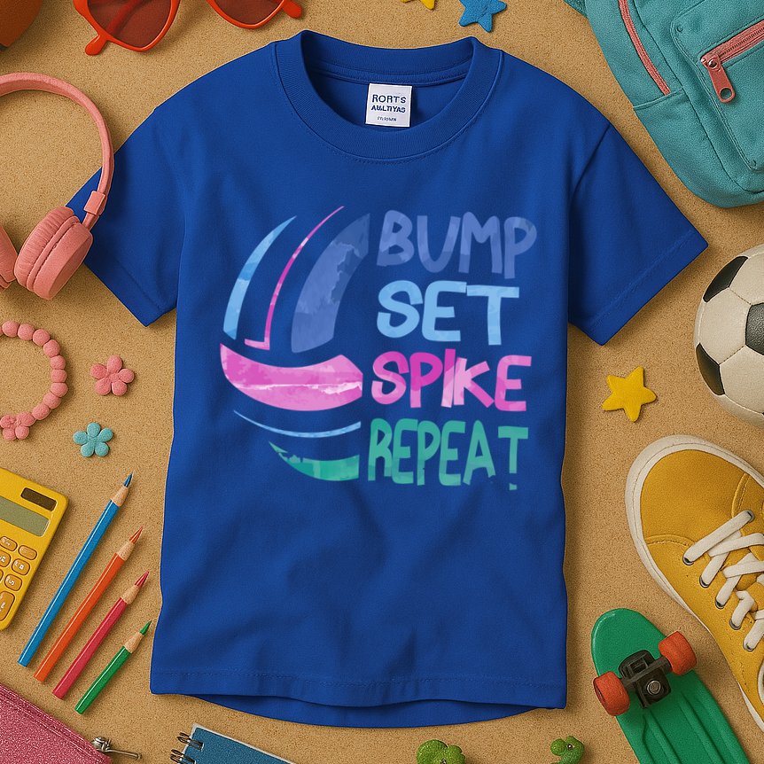 Girls Volleyball Bump Set Spike Repeat Blue Purple Teen Funny Gift Kids T-Shirt